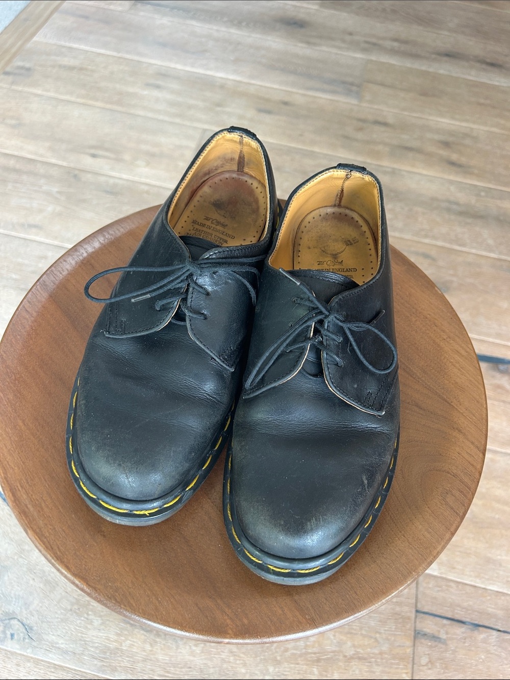Dr. Martens Black Leather Derbys with Yellow Stitching